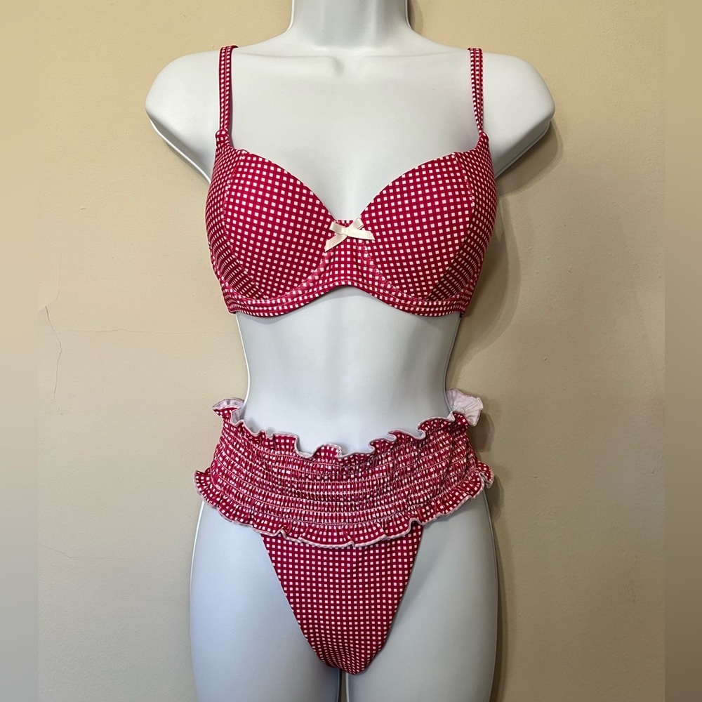 Red Gingham Push Up Ruffle Cheeky Bikini Set - Picture 3 of 15